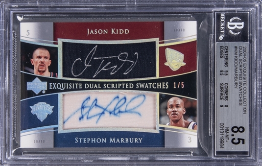 2004-05 UD "Exquisite Collection" Dual Scripted Swatches #KM Jason Kidd/Stephon Marbury Dual Signed Game Used Patch Card (#1/5) – BGS NM-MT+ 8.5/BGS 8